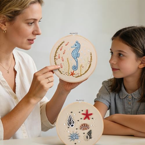 Beach Embroidery Kits for Beginners Adults, Coastal Hand Embroidery Set Needlepoint Kits, Stamped Cross Stitch Kits for Beginners Adults, 2 Embroidery Hoops, Fabric, Thread (Attached Video Tutorial)