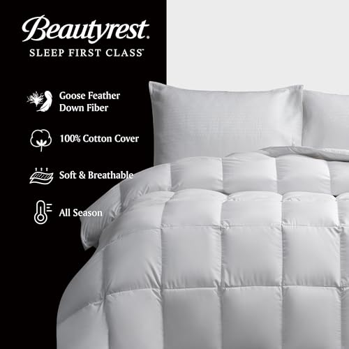 Beautyrest Goose Feather Down Fiber Comforter King Size All Season, Hotel Collection Fluffy 100% Cotton Cover Duvet Insert, Medium Warmth 106 x 90 Inch White Beautyrest