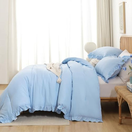 JANZAA Ruffle Light Blue Comforter Set Full Size Comforter 3PCS 1 Emerald Comforter and 2 Pillowcases Vintage Farmhouse Shabby Chic Bedding Soft Fluffy Comforter Set All Season (Light Blue, Full) JANZAA