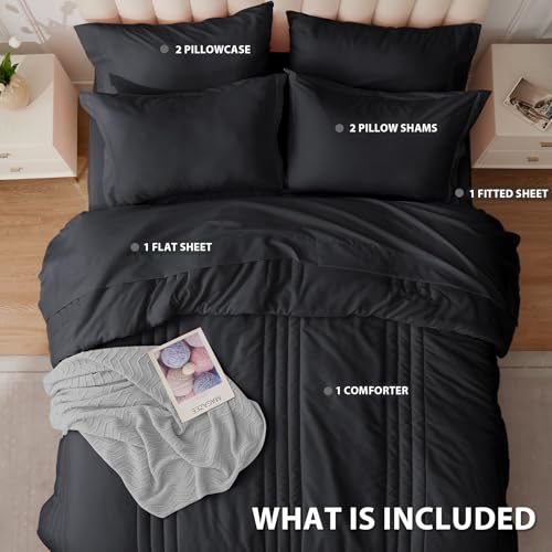 Velorose Queen Comforter Set Black - Bed in a Bag Queen Size 7 Pieces, Soft Bedding Set for All Seasons, Premium Queen Comforter Set with Comforter, Sheets, Pillowcases & Shams Velorose