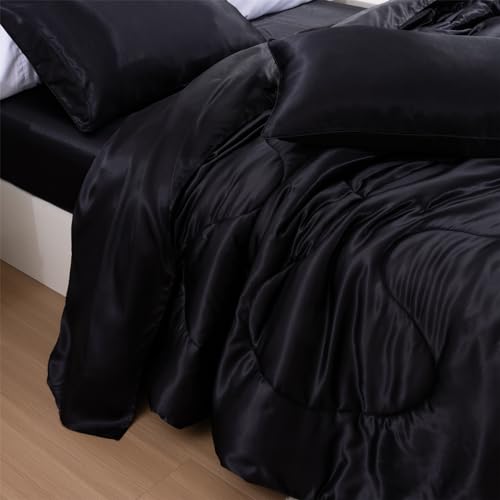 A Nice Night Satin Silky Soft Quilt Luxury Super Soft Microfiber Bedding Thin Comforter Set Full/Queen, Light Weighted (Black, Queen) A Nice Night