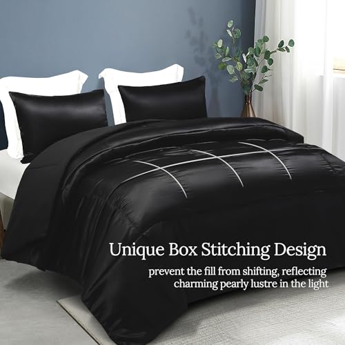 Whale Flotilla 3-Piece Reversible Silky Soft King Size Comforter Bedding Set, Luxurious Satin Comforters Oversized with 2 Satin Pillowcases, Lightweight Duvet for All Seasons, Black Whale Flotilla
