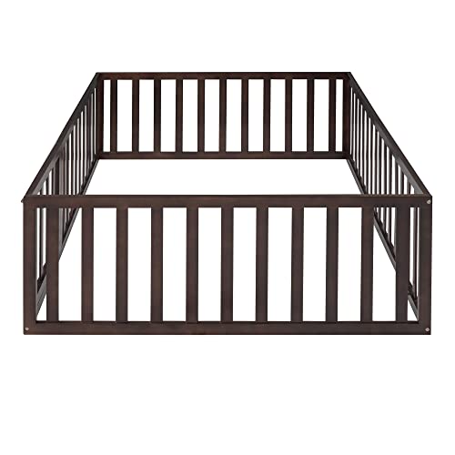 Okak Montessori Floor Bed with Safety Guardrails and Playful Door, Brown - WoodArtSupply