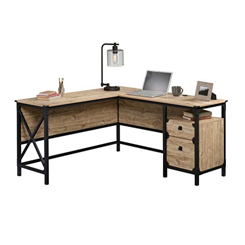 Sauder Steel River L-Shaped Desk, L: 59.84" x W: 57.32" x H: 29.53", Milled Mesquite Finish - WoodArtSupply