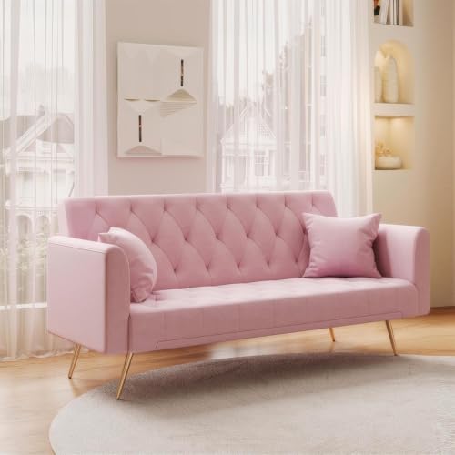 Modern Velvet Sofa Bed Futon with 2 Pillows,2-in 1 Convertible Sleeper Couch Bed,Folding Recliner Loveseat with Golden Metal Legs for Living Room Apartment Office (Light Pink) Anwick