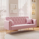 Modern Velvet Sofa Bed Futon with 2 Pillows,2-in 1 Convertible Sleeper Couch Bed,Folding Recliner Loveseat with Golden Metal Legs for Living Room Apartment Office (Light Pink) Anwick