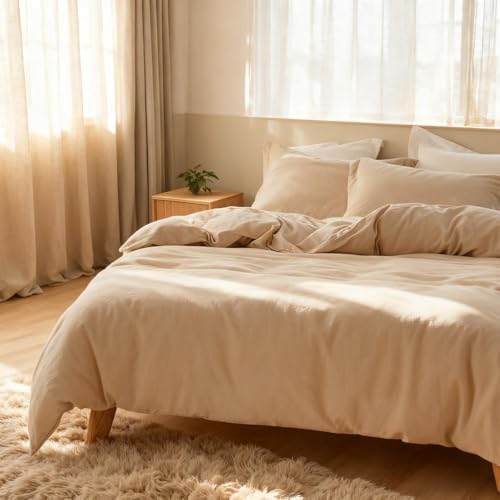 Simple&Opulence French Linen Duvet Cover Set 78" x 86"- 3 Pieces (1 Comforter Cover,2 Pillowcases)- Natural Flax Cotton Blend-Solid Color Breathable Farmhouse Bedding-Linen/Beige, Full Simple&Opulence