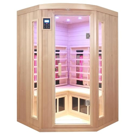 KUNSANA Ceramic Infrared Sauna, 2-3 Person Home Sauna, Canadian Hemlock Indoor Corner Sauna Spa, Wooden Sauna Room, 5 Low EMF Heaters + 4 Ceramic Tubes, Bluetooth Speakers, Chromotherapy Lights KUNSANA