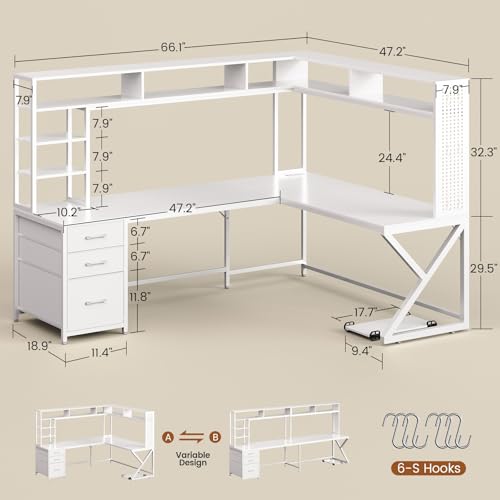 SEDETA Corner Computer Desk, Convertible 94.5" Gaming Desk with Storage Drawers, Hutch and Pegboard, L Shaped Office Desk with Power Outlet, LED Lights for Home Office, White SEDETA