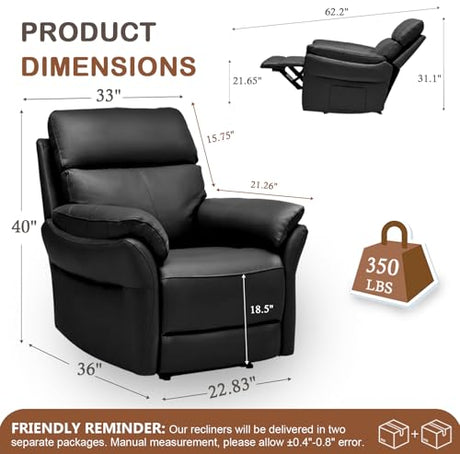 AIRSKY Genuine Leather Recliner Chair, Top Grain Leather, Italian Water-Washing Process, Reclining Sofa Chair for Reading, Single Sofas for Living Room, Theater Seating, Bedroom. Black,R1 AIRSKY