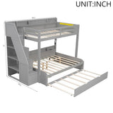 Merax Twin Over Full Bunk Bed Frame with Trundle & Storage Staircase, Wood Platform Bed with Storage Shelves & Guardrail & Charging Station for Bedroom Dorm Guest Room, No Box Spring Needed, Gray Merax