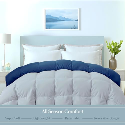 ROYALE LINENS Reversible Comforter - Twin Size Duvet Insert - All Season Soft Quilted Comforters with 8 Corner Tabs - Down Alternative Bedding Comforter - Duvet Insert (Navy/Silver, Twin 64"x84") ROYALE LINENS