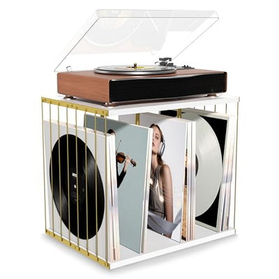 Emfogo Vinyl Record Storage, Metal & Wooden Vinyl Record Holder Up to 80 Album, 3-Compartment Record Player Stand for Magazine, Book, Files, Albums (White)
