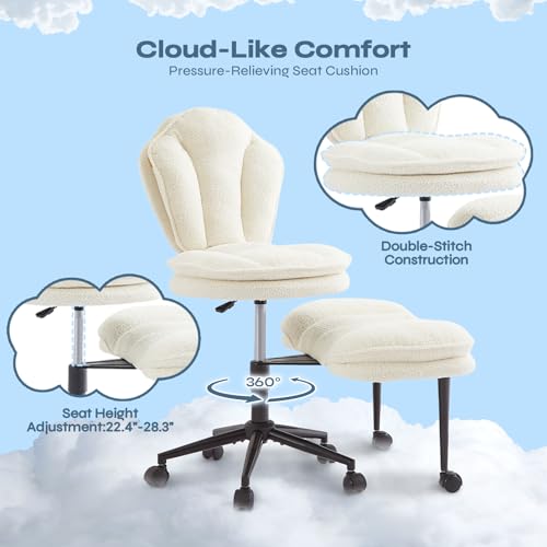 Pinmoco Ergonomic Cross Legged Office Chair for ADHD, Kneeling Chair with 360° Swivel Wheels and Reversible Seating for Meditation, Adjustable Height and Seat Deapth, Teddy Fabric, White Pinmoco