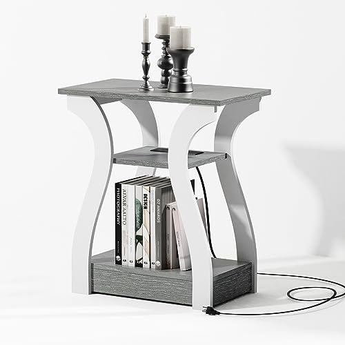 FROMJBEST End Tables Living Room, Grey End Table with Charging Station, Grey Side Table, Nightstand for Bedroom, 3 Tier End Table with Storage Shelf for Living Room FROMJBEST