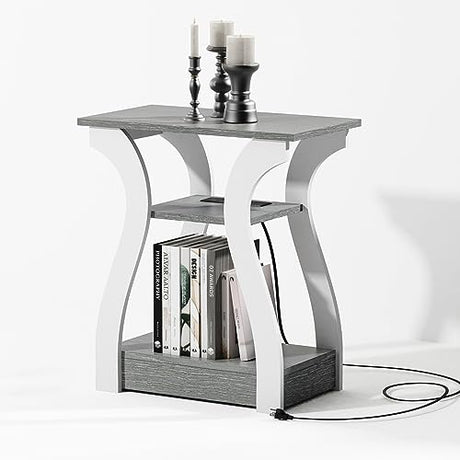 FROMJBEST End Tables Living Room, Grey End Table with Charging Station, Grey Side Table, Nightstand for Bedroom, 3 Tier End Table with Storage Shelf for Living Room FROMJBEST