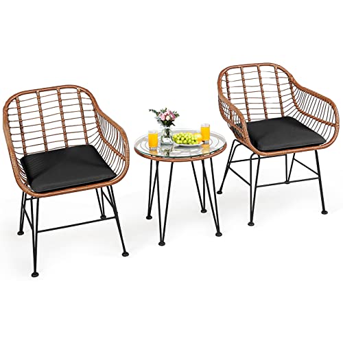 Tangkula 3 Pieces Patio Conversation Bistro Set, Outdoor Wicker Furniture w/Round Tempered Glass Top Table & 2 Rattan Armchairs, Bistro Chat Set w/Seat Cushions for Porch, Backyard, Garden - WoodArtSupply