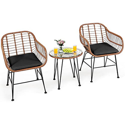 Tangkula 3 Pieces Patio Conversation Bistro Set, Outdoor Wicker Furniture w/Round Tempered Glass Top Table & 2 Rattan Armchairs, Bistro Chat Set w/Seat Cushions for Porch, Backyard, Garden - WoodArtSupply