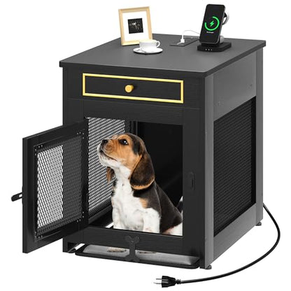 YITAHOME Dog Crate Furniture with Dual USB Charger, Wooden Dog Kennel End Table with Cushion Tray, Drawer for Small Dogs Under 25 lbs Indoor Use, Black - WoodArtSupply