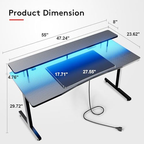 COMHOMA 55 Inch Gaming Desk with USB Charging Ports and LED Lights, Computer Desk with Monitor Stand for Home Office, Modern Gamer Desk Table with Mouse Pad & Side Hook, Colorful COMHOMA