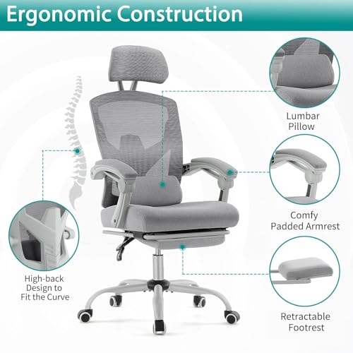 DUMOS Home Office Desk Chair with Footrest, High-Back Mesh Rolling Swivel Reclining Chairs with Wheels, Comfortable Headrest, Lumbar Support, Comfy Arms for Home, Office, Gaming, Student,Elegant Grey DUMOS