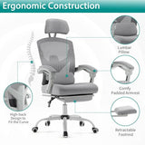 DUMOS Home Office Desk Chair with Footrest, High-Back Mesh Rolling Swivel Reclining Chairs with Wheels, Comfortable Headrest, Lumbar Support, Comfy Arms for Home, Office, Gaming, Student,Elegant Grey DUMOS