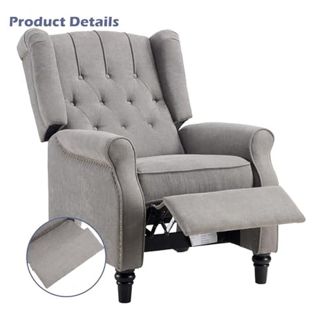 EBELLO Push Back Recliner Chair, Fabric Accent Chair Pushback Recliner with Rivet Decoration, Button-Tufted Back, Mid Century Wingback Armchair for Living Room, Bedroom, Grey EBELLO
