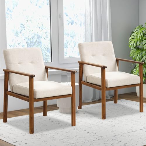 GOFLAME Accent Chair Set of 2, Mid-Century Modern Armchair with Solid Wood Legs, Soft Cushioned Seat, Upholstered Linen Fabric Leisure Chair for Living Room, Bedroom, Guest Room, Office, Beige GOFLAME