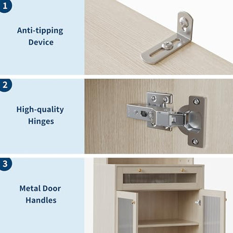 MilleLoom 62" Pantry Cabinet with Storage Drawers, Farmhouse Kitchen Hutch Bar Cabinet with 3-Tier Open Shelf & Microwave Stand, Kitchen Cupboard with Glass Door for Dining/Living Room, Wood MilleLoom