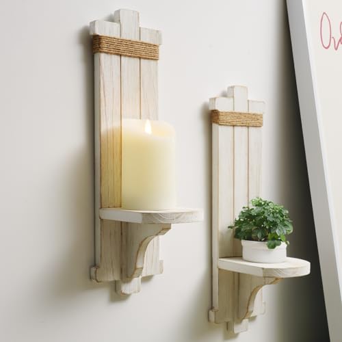 Homemory Wall Sconces Candle Holder Set of 2, Farmhouse Wooden Rustic Wall Decor for Living Room, Dining Room, Bedroom, Bathroom (White) - WoodArtSupply