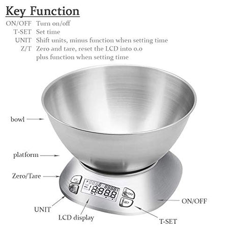 Digital Kitchen Scale with Removable Bowl 2.5L Volume, Electronic Stainless Steel Food Scale for Cooking Baking, Room Temperature, Alarm Timer, 12lb 5.5kg, Batteries Included FOLIND