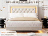 Garvee Floating Bed Frame Full Size with Smart Led Lights, Upholstered Platform Bed with Diamond Headboard, Solid Wood Slats Support, No Box Spring Needed, Noise-Free, Easy Assembly, White Garvee