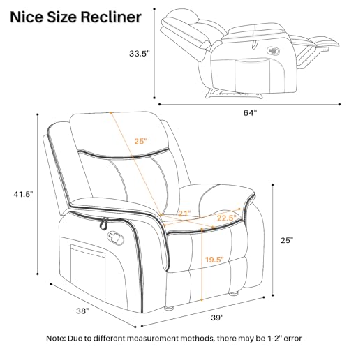 BAMCANFUR Massage Recliner Chair with Heated, Faux Leather Recliner Chairs for Adults, 39" Wide Manual Reclining Ergonomic Lounge Chair for Living Room with Overstuffed Backrest, Side Pocket, Grey BAMCANFUR