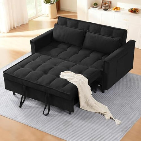 3 In 1 Corduroy Convertible Sofa Bed,Pull Out Couch Bed with Reclining Backrest And 2 Pillows, 54" Full Size Loveseat Sleeper Sofa Futon Couch Bed, Couches For Small Spaces, Living Room (Black ①) Xinmviec