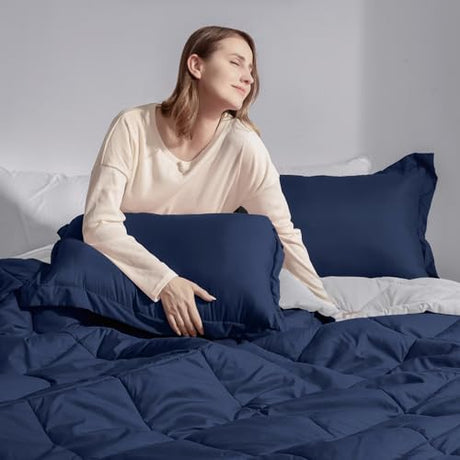 Basic Beyond Queen Comforter Set - Navy Blue Comforter Set Queen Size, Reversible Bed Comforter Queen Set for All Seasons, Navy/Grey, 1 Comforter (88"x92") and 2 Pillow Shams (20"x26"+2") Basic Beyond
