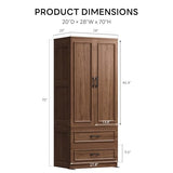 LIKIMIO Armoire Wardrobe Closet with 2 Doors and 2 Drawers 70" H x 28" W Wooden Bedroom Freestanding Wardrobe Combination for Hanging Clothes, Walnut LIKIMIO