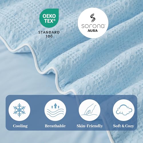 Amélie Home Waffle Cooling Comforter Queen Size, Q-Max 0.45 Reversible Lightweight Cooling Blanket for Hot Sleepers, Breathable Bedding for Night Sweats, 90"x90", Sky Blue Amélie Home