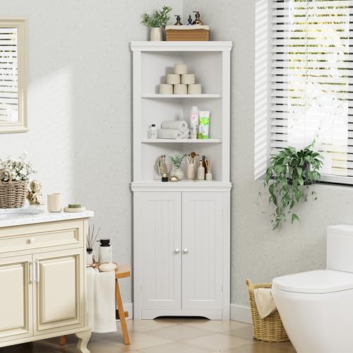 Flamaker Corner Cabinet, Corner Shelf with 2 Barn Doors and 3 Shelves, Freestanding Storage Cabinet with Adjustable Dividers for Bathroom, Living Flamaker