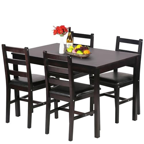 FDW | 5-Piece Solid Wood Dining Table Set for 4 | Brown | Pine Kitchen Table with Upholstered Chairs | Space-Saving Design | Smooth Easy-to-Clean Surface | for Dining Room, Apartment, Restaurant FDW