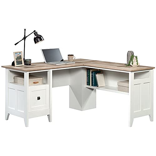 Sauder August Hill L-Shaped Home Office Desk in Soft White, Soft White finish - WoodArtSupply