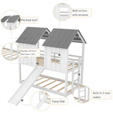 Merax Twin-Over-Twin Wooden House Bunk Bed with Slide, Windows, Ladder and Guardrails, Twin Size White House Bunk Bed Merax