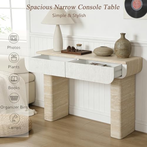 Mcltopz 47.2" Faux Mars Marble Pattern Console Table with 2 Drawers, Skinny Long Sofa Table Behind Couch with Rounded Edges, Wooden Narrow Sofa Table Hall Table for Living Room Foyer Entrance, Marble Mcltopz