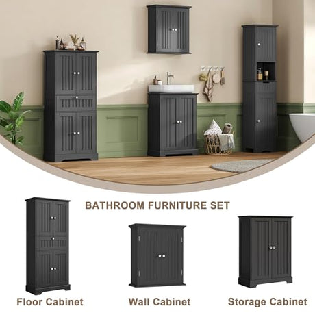 ChooChoo 51" H Tall Bathroom Floor Cabinet, Modern Bathroom Storage Cabinet with Drawer and Adjustable Shelves, Freestanding Kitchen Pantry Cupboard with 4 Doors for Living Room, Black ChooChoo