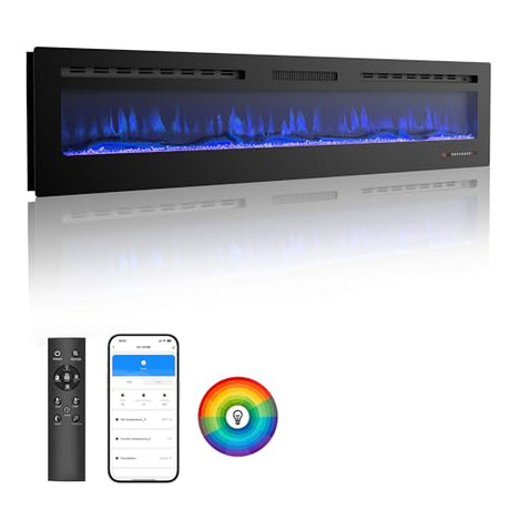 HOMTHING 70" Smart WiFi Electric Fireplace, Wall Mounted & Recessed, App & Remote Control, Ultra-Thin 750W/1500W Fireplace with Touch Screen, 12H Timer, 5 Realistic Flames, Log & Crystal (70" WiFi) HOMTHING