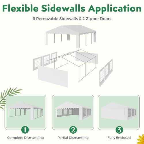 EROMMY 20x20ft Party Tent, Heavy Duty Large Wedding Canopy Outdoor Carport with 6 Removable Sidewalls, 2 Roll-up Doors, 2 Storage Bags, Gazebo Shelter Tent for Party Event Commercials, White EROMMY