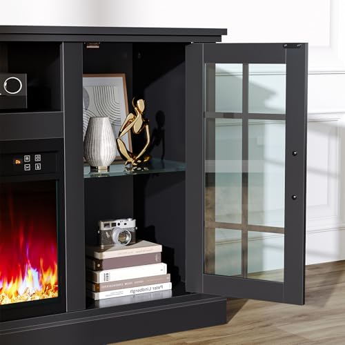 Rolanstar Fireplace TV Stand with Led and Power Outlets, Black Entertainment Center with 26" Electric Fireplace for 45/50/55/60/65 inch TVs, Modern TV Console with Storage Cabinet for Living Room Rolanstar