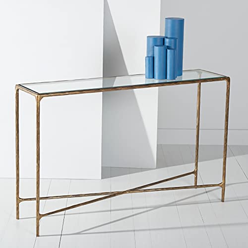SAFAVIEH Couture Home Collection Jessa Brass Metal/Tempered Glass Top Entryway Living Room Rectangle Console Table (Fully Assembled) SAFAVIEH