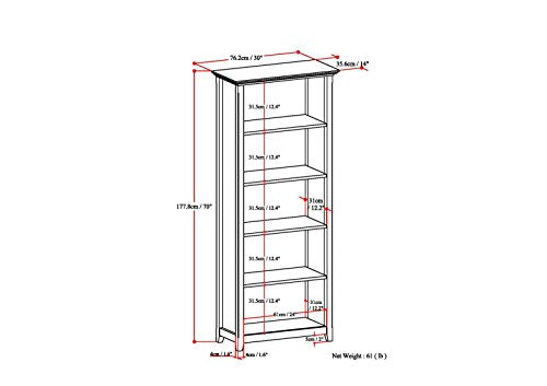 SIMPLIHOME Amherst Bookcase - 70 inch Tall 5-Shelf Solid Wood Bookshelf in Black, Transitional Storage for Living Room, Study Room or Office with Adjustable Shelves and Tapered Legs SIMPLIHOME