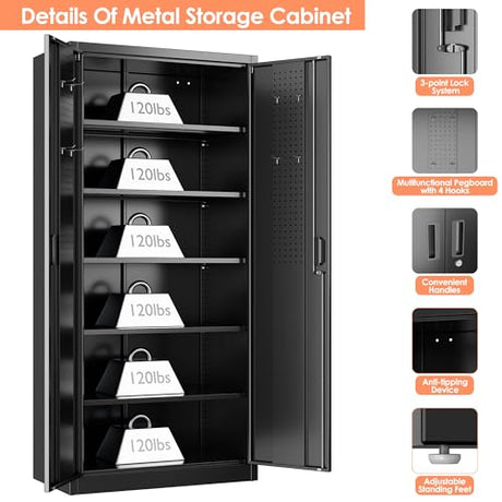 JAORD Lockable Garage Storage Cabinet with 5 Adjustable Shelves, 71" H Black Metal Storage Cabinet with 2 Pegboard Doos for Garage, Home, Assembly Required, Black JAORD