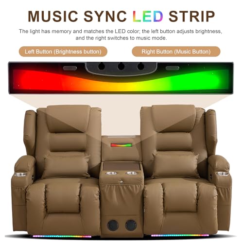 DRMBOOK Power Loveseat Recliner Sofa, Faux Leather Wall Hugger Reclining Couch with Console, Electric Double Reclinable Movie Seating 2 Person Recliner with LED/USB/Type C/Bluetooth Speakers, Khaki